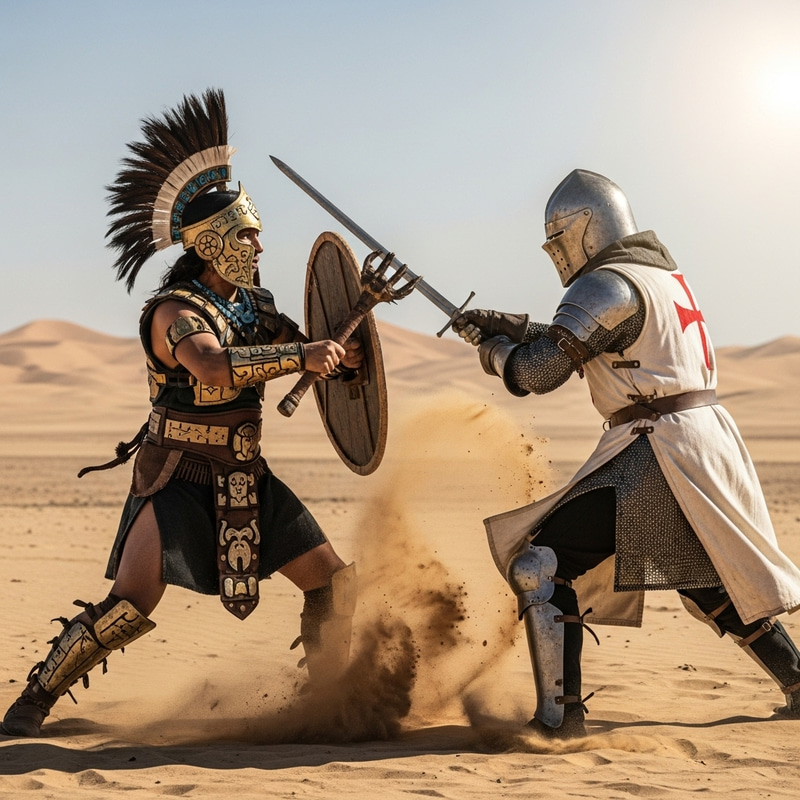 Aztec Warrior Battles Templar Knight in Desert Aztec Warrior Battles Templar Knight in Desert