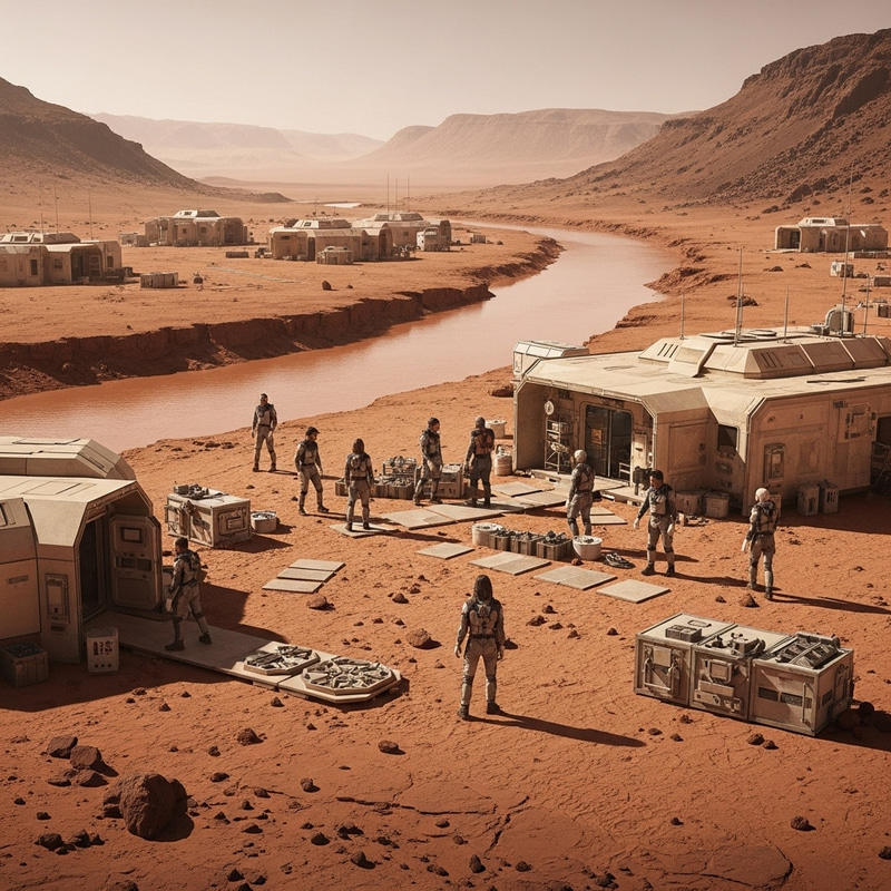 Mars Colony: Diverse Explorers in Dry Riverbed on Red Planet Mars Colony: Diverse Explorers in Dry Riverbed on Red Planet