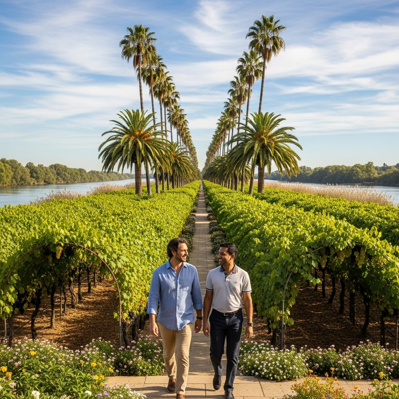 Men Walking Through Lush Gardens with Rivers Nearby Men Walking Through Lush Gardens with Rivers Nearby