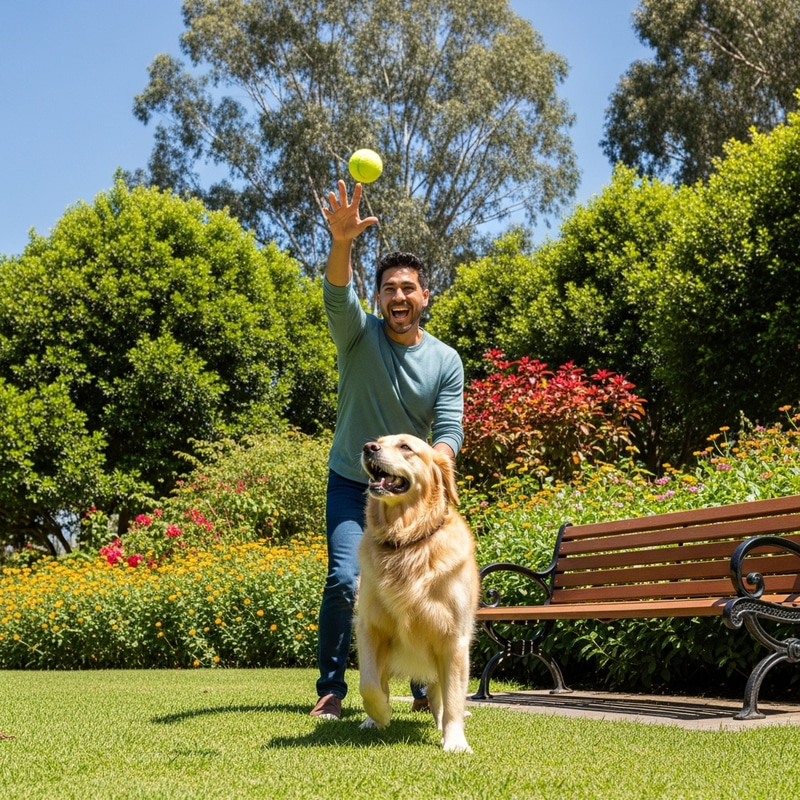 Hispanic Man and Golden Retriever Playing in Park