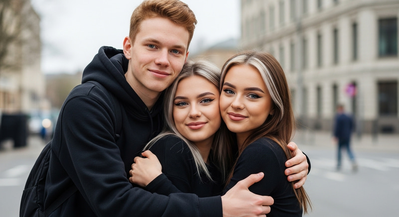 Heartwarming Group Hug: Friendly Estonian Boy and Girl Embrace Heartwarming Group Hug: Friendly Estonian Boy and Girl Embrace