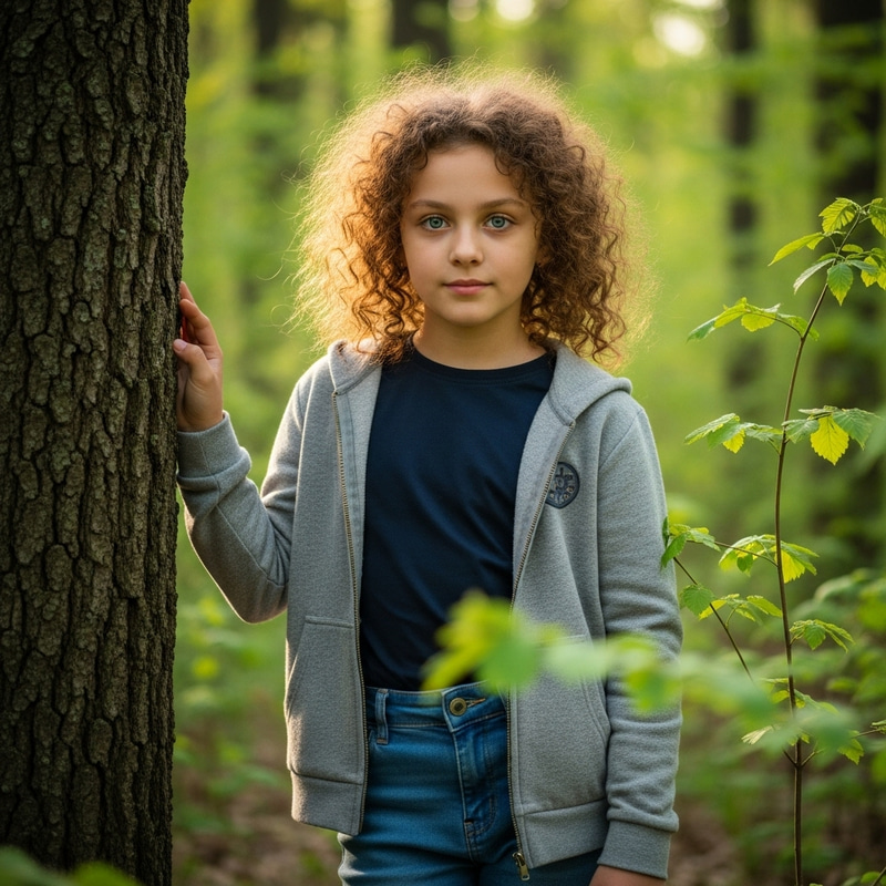 Curly Girl with Blue Eyes in Enchanting Woodland Scene Curly Girl with Blue Eyes in Enchanting Woodland Scene