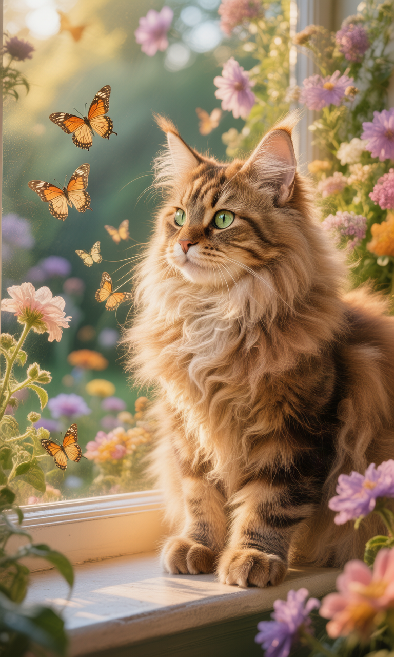 Whimsical Maine Coon Cat on Sunlit Windowsill Whimsical Maine Coon Cat on Sunlit Windowsill