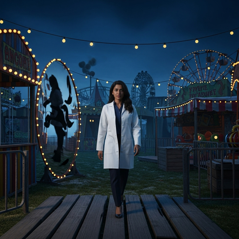 Eerie Dark Carnival: South Asian Woman in Lab Coat Explores Mysterious Carnival Eerie Dark Carnival: South Asian Woman in Lab Coat Explores Mysterious Carnival