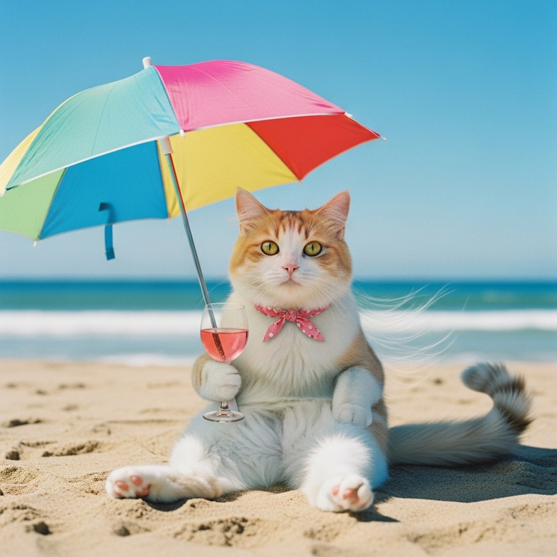 Tranquil Cat Relaxing on Beach with Vintage Charm | Sea Breeze Bliss