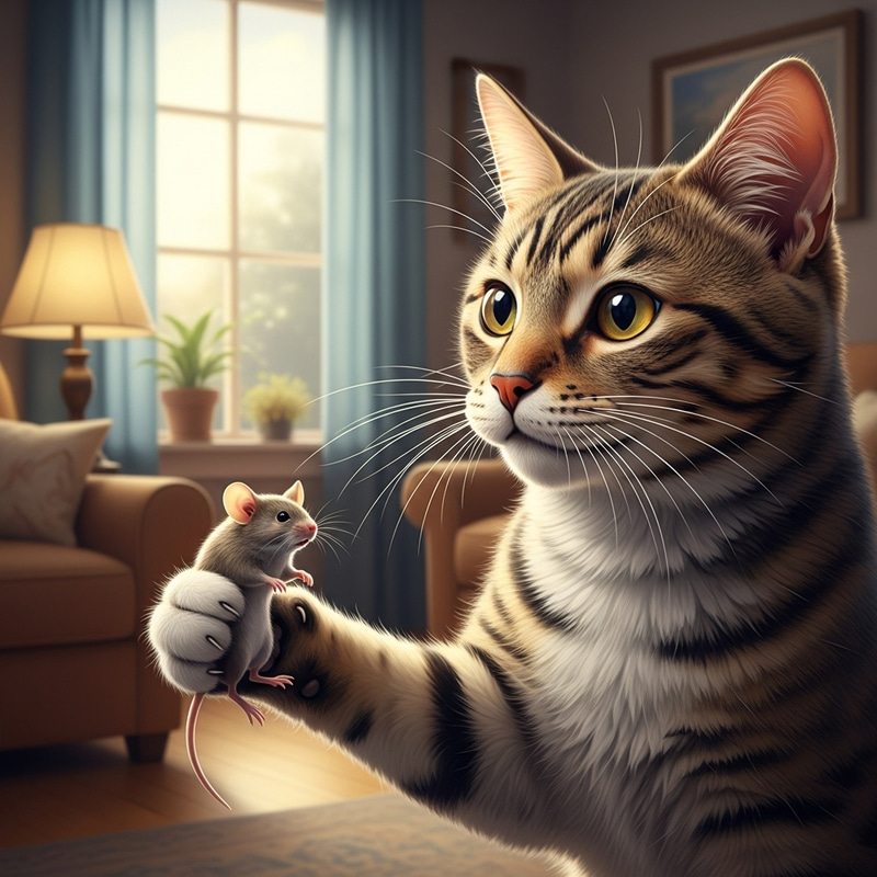 Adorable Cat Holding Mouse in Cozy Indoor Setting