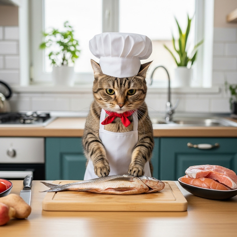 Cat Cooking Fish in Middle-Eastern Style
