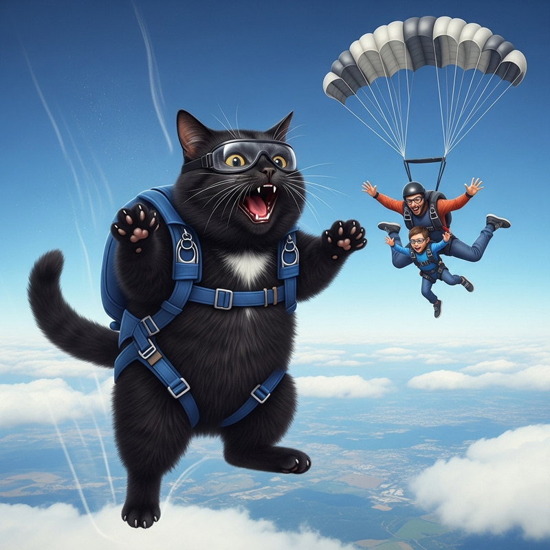 Chunky Black Cat Skydiving in Distress with Skydiver's Gear Chunky Black Cat Skydiving in Distress with Skydiver's Gear