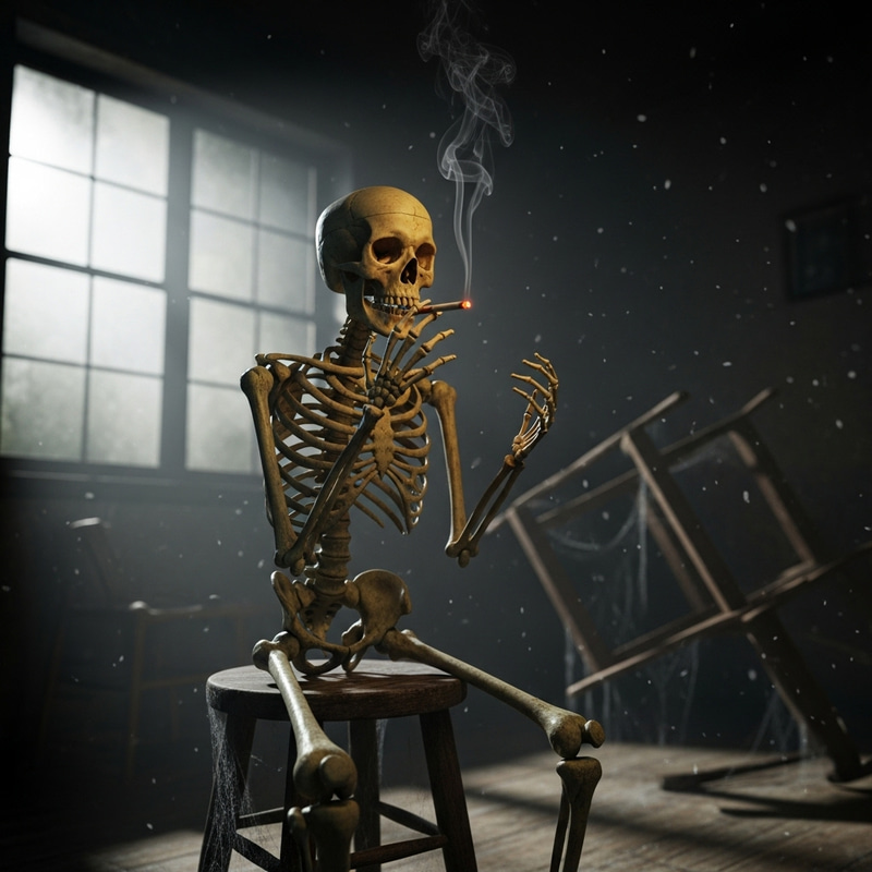 Skeleton Smoking Cigarette | Dark Moonlit Room Skeleton Smoking Cigarette | Dark Moonlit Room
