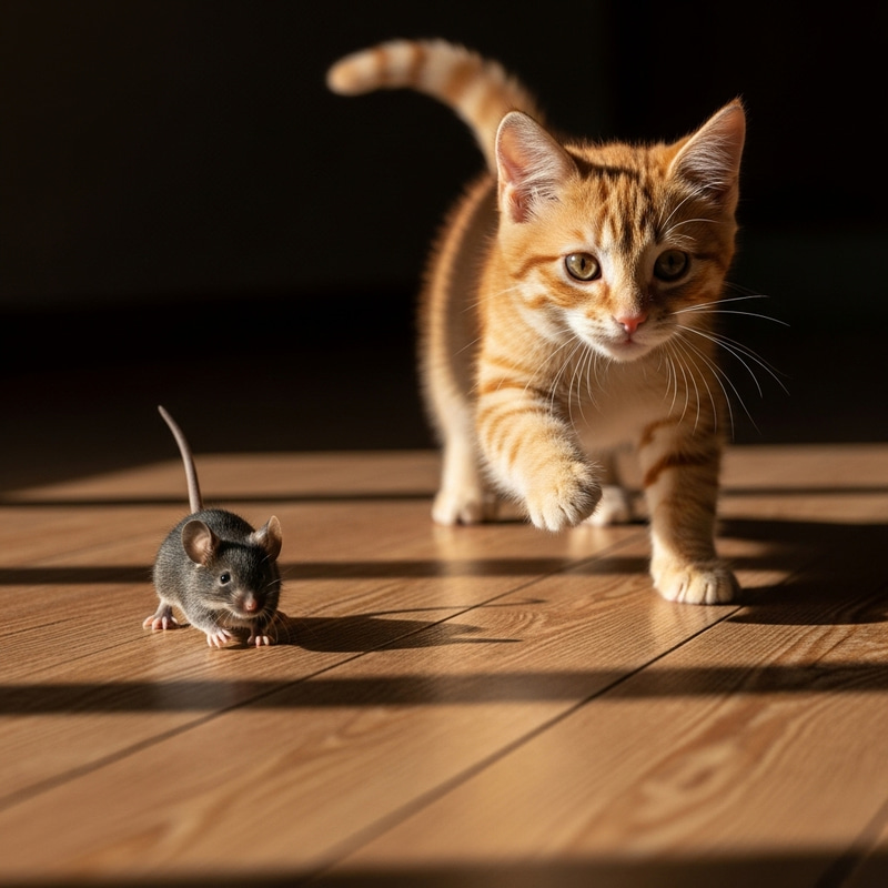 Black Mouse Chased by Ginger Cat - A Feline Pursuit Black Mouse Chased by Ginger Cat - A Feline Pursuit