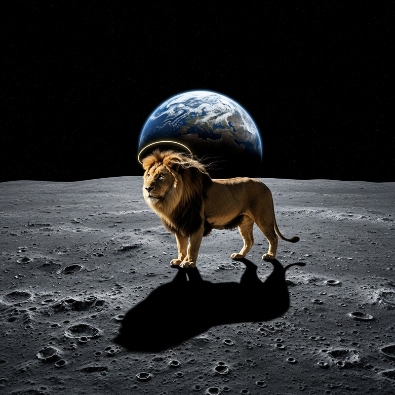 Majestic Lion on Moon: Ethereal Scene with Earthlight Majestic Lion on Moon: Ethereal Scene with Earthlight