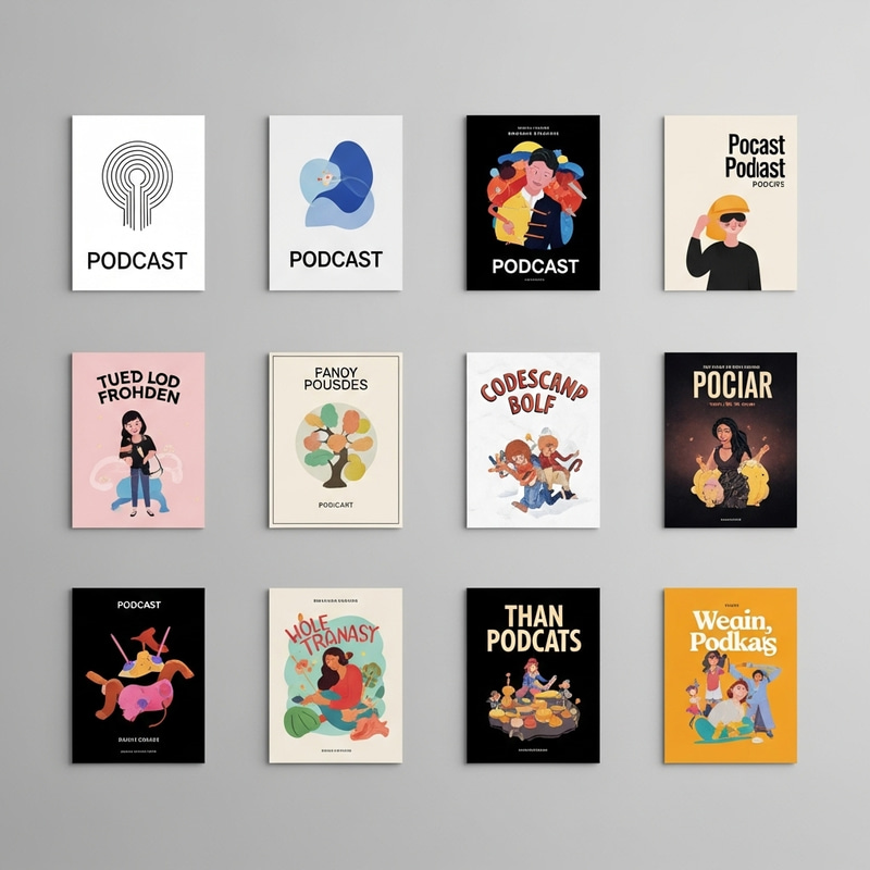 Unique Podcast Cover Wall Display | Diverse Designs on Neutral Background Unique Podcast Cover Wall Display | Diverse Designs on Neutral Background