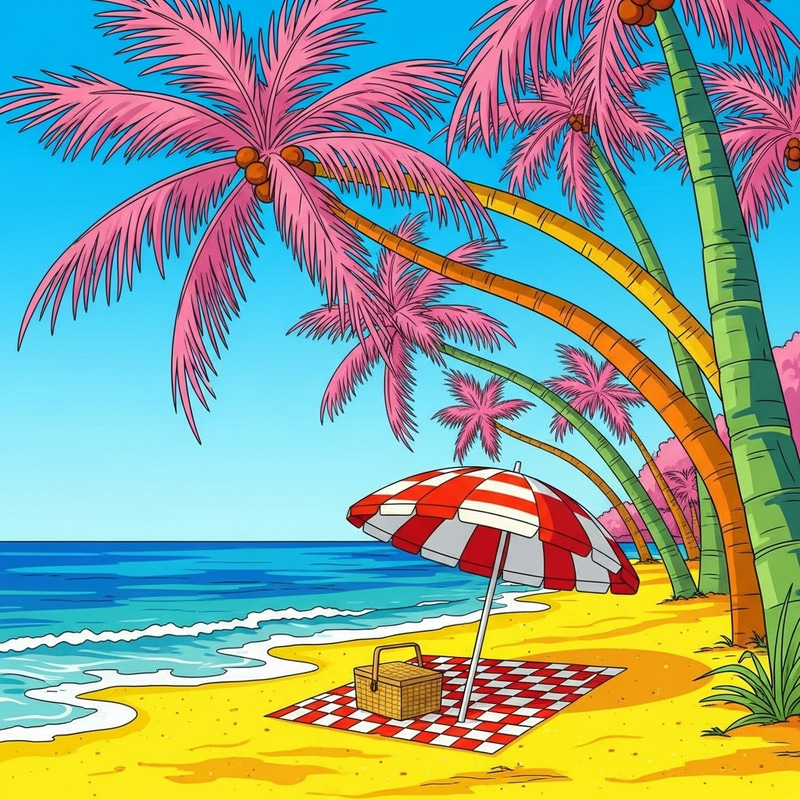Pop Art Beach Scene with Whimsical Palm Trees