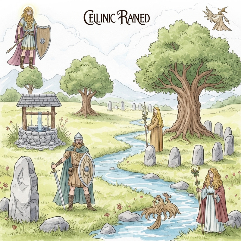 Celtic Folklore Watercolor Scene | Mythical Beings & Magical Realms Celtic Folklore Watercolor Scene | Mythical Beings & Magical Realms