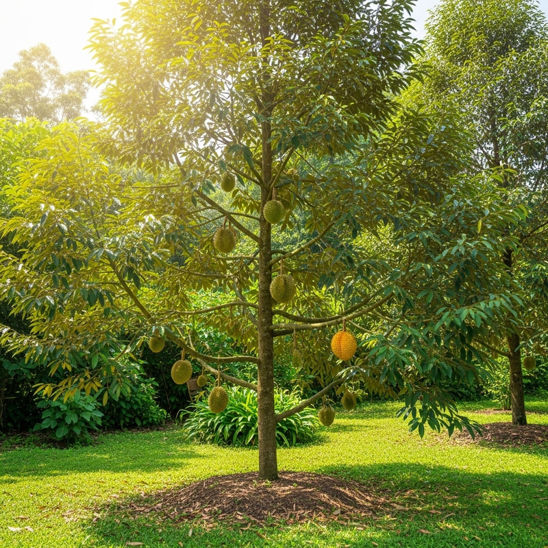 Lush Garden with Durian Tree and Subtropical Plants