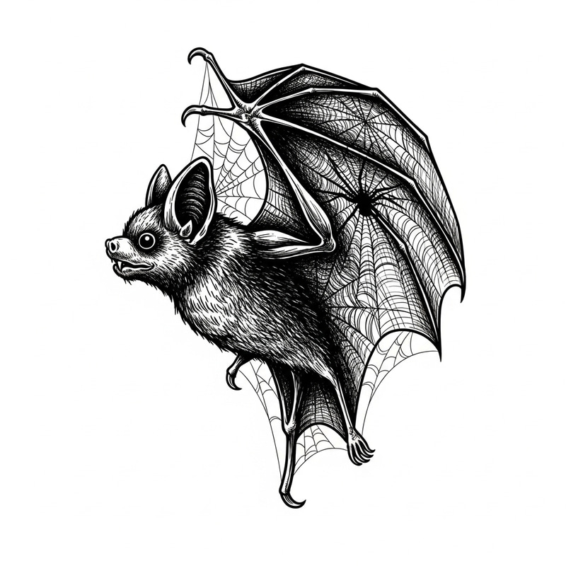 Eerie Black & White Bat with Spider Web Wings