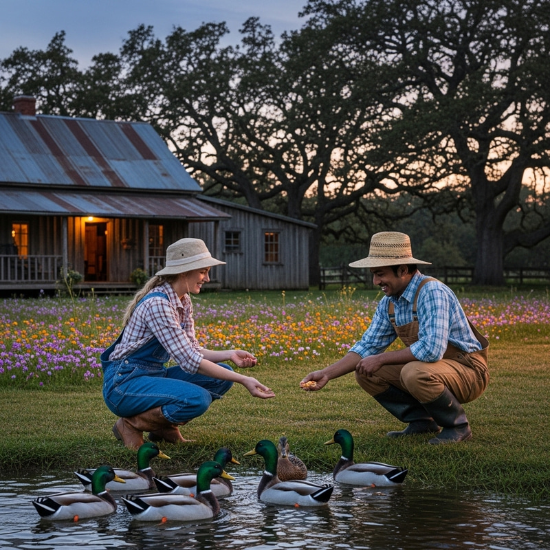 Duck Feeding - Rustic Farmhouse Scene at Twilight