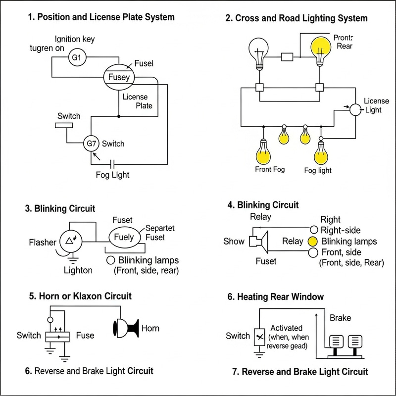 Automobile Circuits Bifilar Schematic: Lighting, Horn, Heating Window, Blinkers, Reverse Lights
