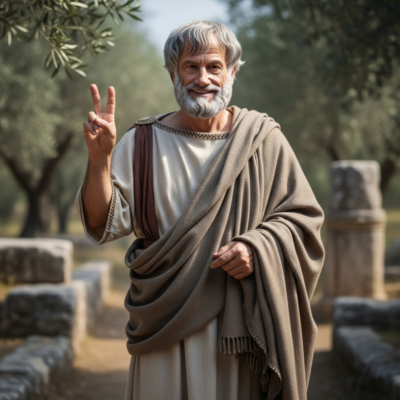 Aristotle Smiling and Making Peace Sign in Real World Aristotle Smiling and Making Peace Sign in Real World
