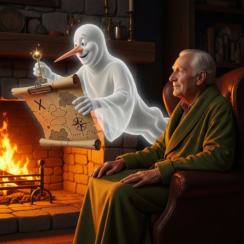 Elderly Man by Fireplace with Ghost, Key and Map Elderly Man by Fireplace with Ghost, Key and Map