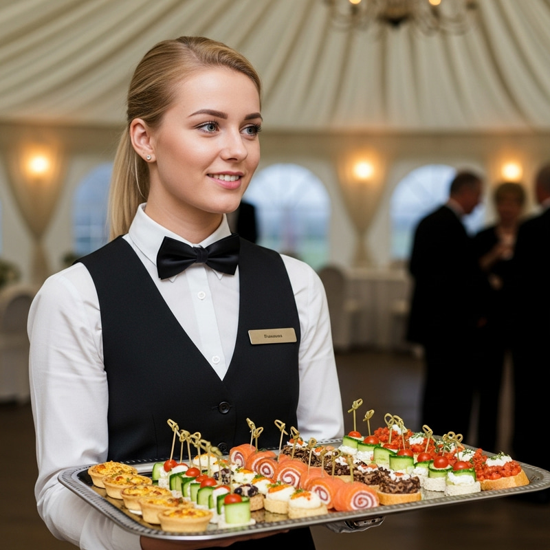 Blonde Waitress with Canapé Tray at Tent Event, Smiling