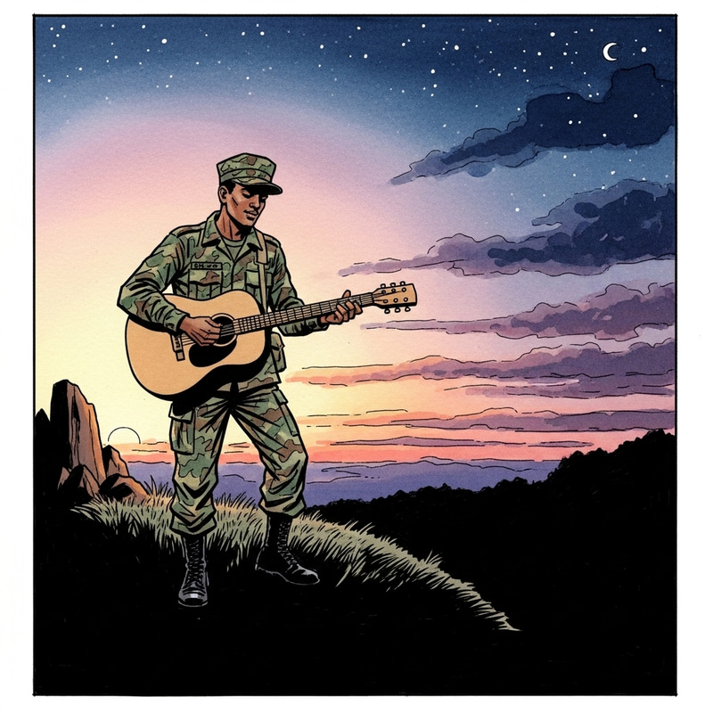 Military Soldier Playing Guitar in Camouflage Sunset Sketch Military Soldier Playing Guitar in Camouflage Sunset Sketch