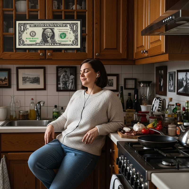 Charming Lady Enjoying Music in Cozy Kitchen with Unique Decor