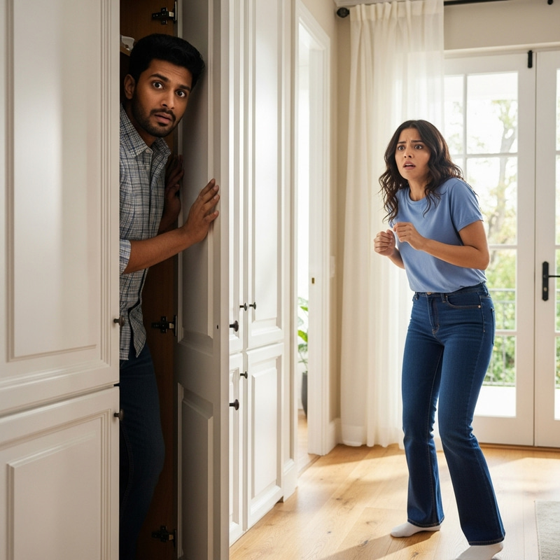 Caught in Act: Husband Finds Man Hiding, Wife Panicked