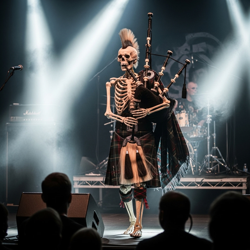 Skeleton Punk with Mohawk Playing Bagpipes in Scottish Kilt