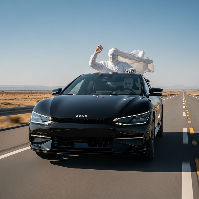 Ethereal White Ghost Driving Black KIA EV6 Speeding Down Highway Ethereal White Ghost Driving Black KIA EV6 Speeding Down Highway