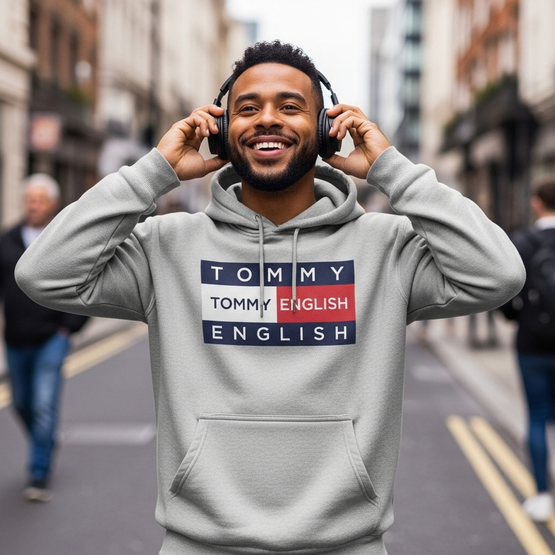 Happy Man Walking in City Listening to Tommy English Headphones Happy Man Walking in City Listening to Tommy English Headphones