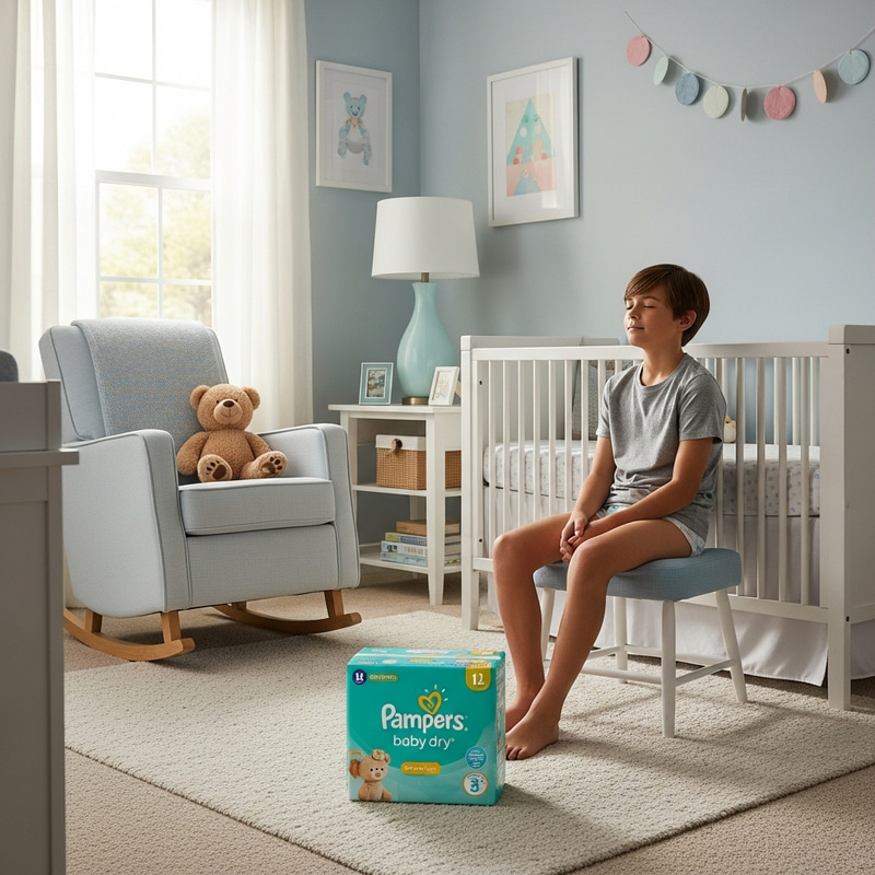 12-Year-Old Child in Pampers Baby Dry Diapers in Nursery Room