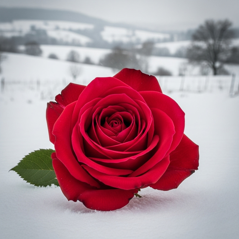 Vibrant Crimson Rose in Winter Wonderland - Romantic Floral Still Life Vibrant Crimson Rose in Winter Wonderland - Romantic Floral Still Life