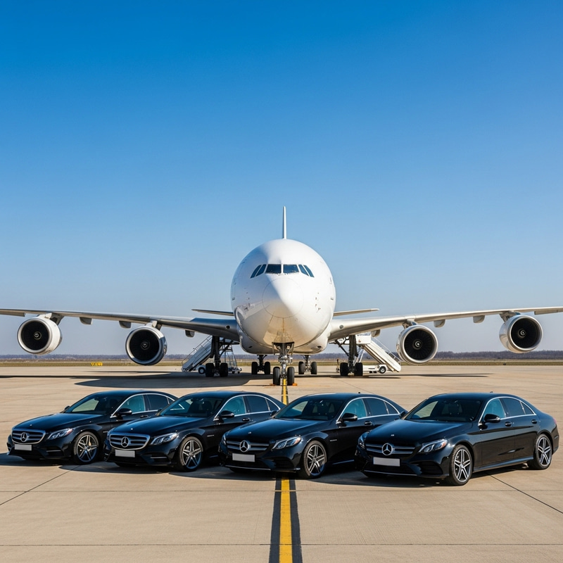 Luxurious Black Mercedes Cars Aligned in Front of Giant Airplane Luxurious Black Mercedes Cars Aligned in Front of Giant Airplane