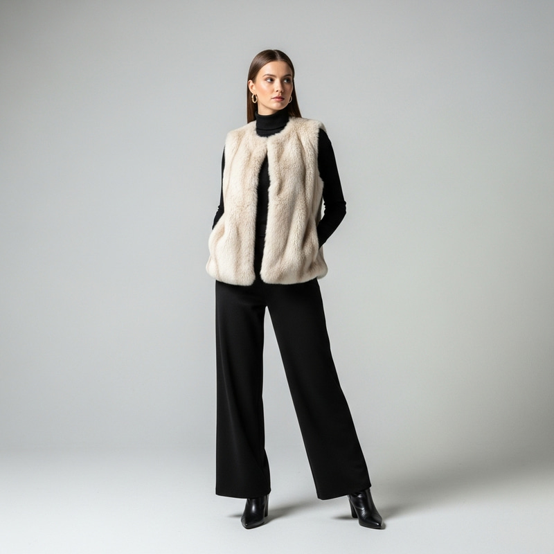 Sophisticated Woman in Luxurious Faux Fur Vest | Studio Portrait Sophisticated Woman in Luxurious Faux Fur Vest | Studio Portrait