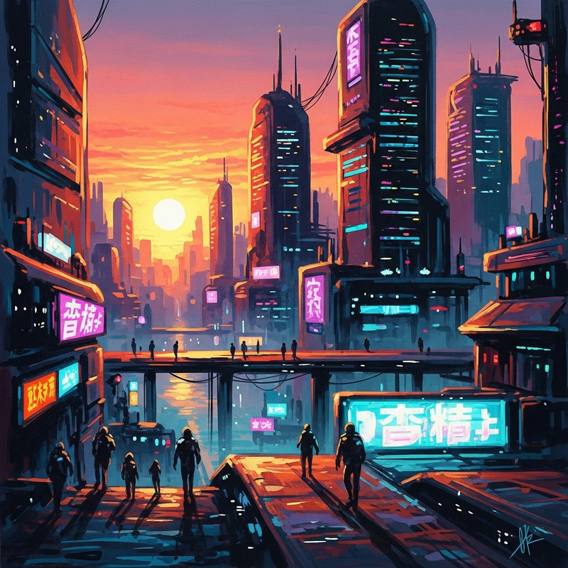 Neon Cyberpunk Cityscape Painting at Sunset Neon Cyberpunk Cityscape Painting at Sunset