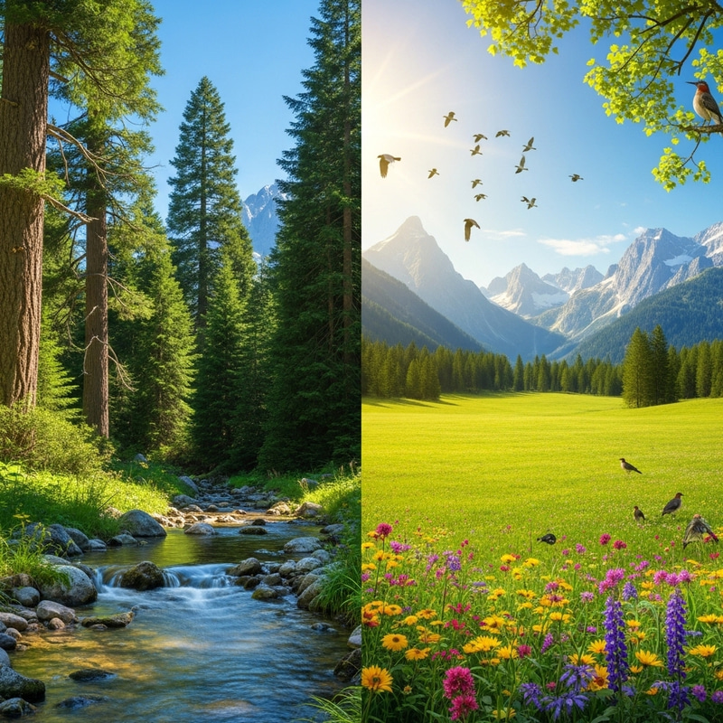 Tranquil Landscape with Forest, Stream, Meadow & Majestic Mountains Tranquil Landscape with Forest, Stream, Meadow & Majestic Mountains