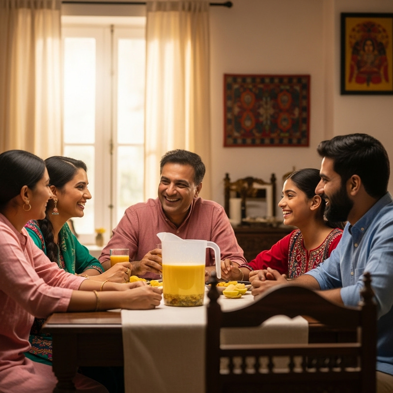 Authentic Indian Family Relaxing with Aam Pana Drink at Home Authentic Indian Family Relaxing with Aam Pana Drink at Home