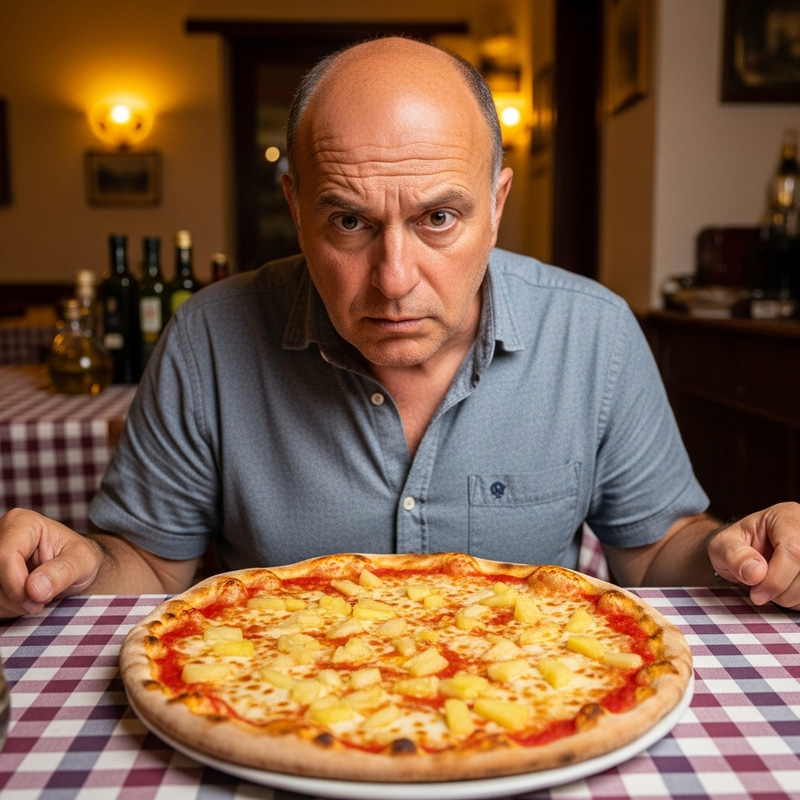Average Build Bald Italian Man Looking at Pineapple Pizza