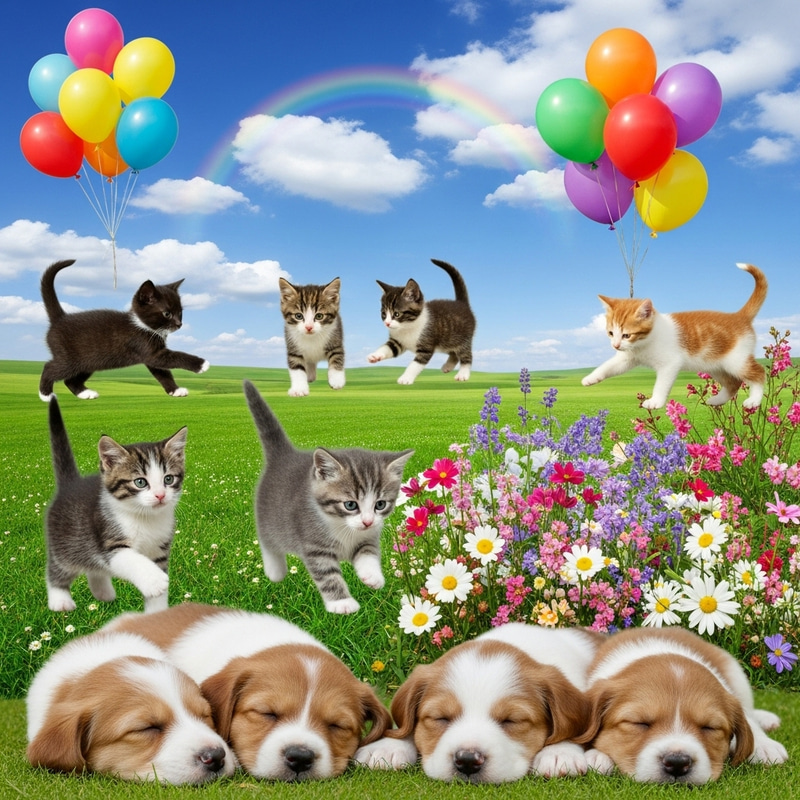 Cute Kittens & Puppies with Balloons & Flowers - Adorable Image Cute Kittens & Puppies with Balloons & Flowers - Adorable Image