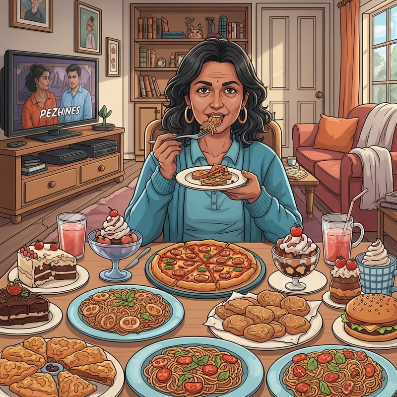 South Asian Person Indulging in Delicious Food in Comfortable Setting