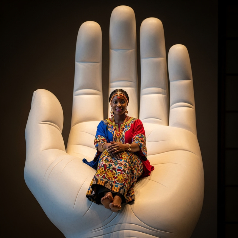 Elegant Black Woman in Colossal Hand Sculpture - Captivating Image Elegant Black Woman in Colossal Hand Sculpture - Captivating Image