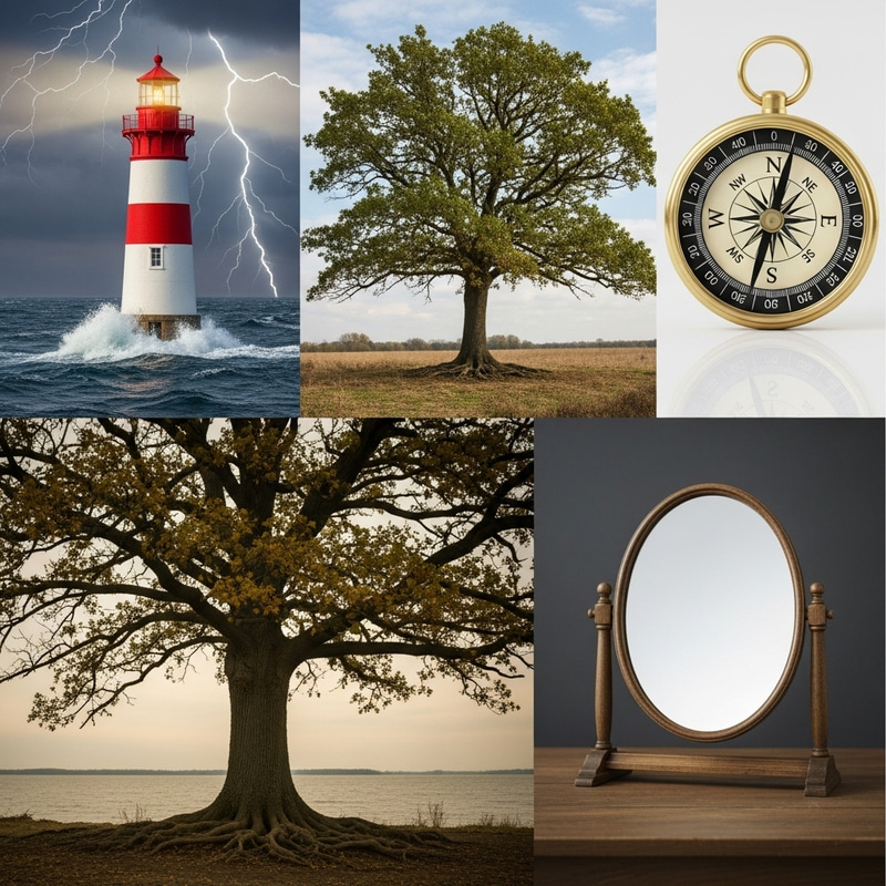 Symbols of Integrity: Lighthouse, Oak Tree, Compass, Clear Mirror