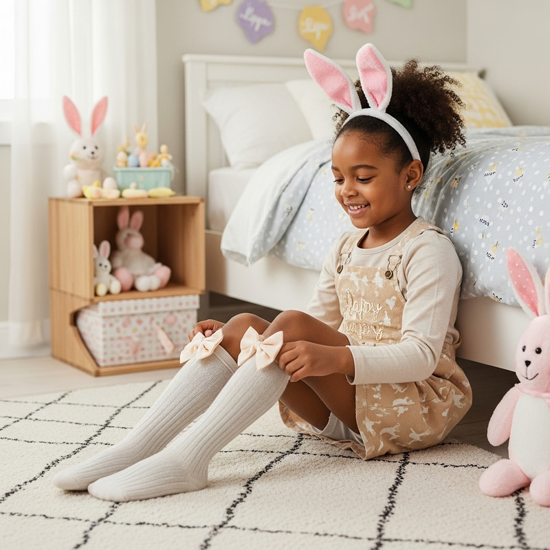 6-Year-Old African Girl Removing Bow Socks in Easter Day Routine