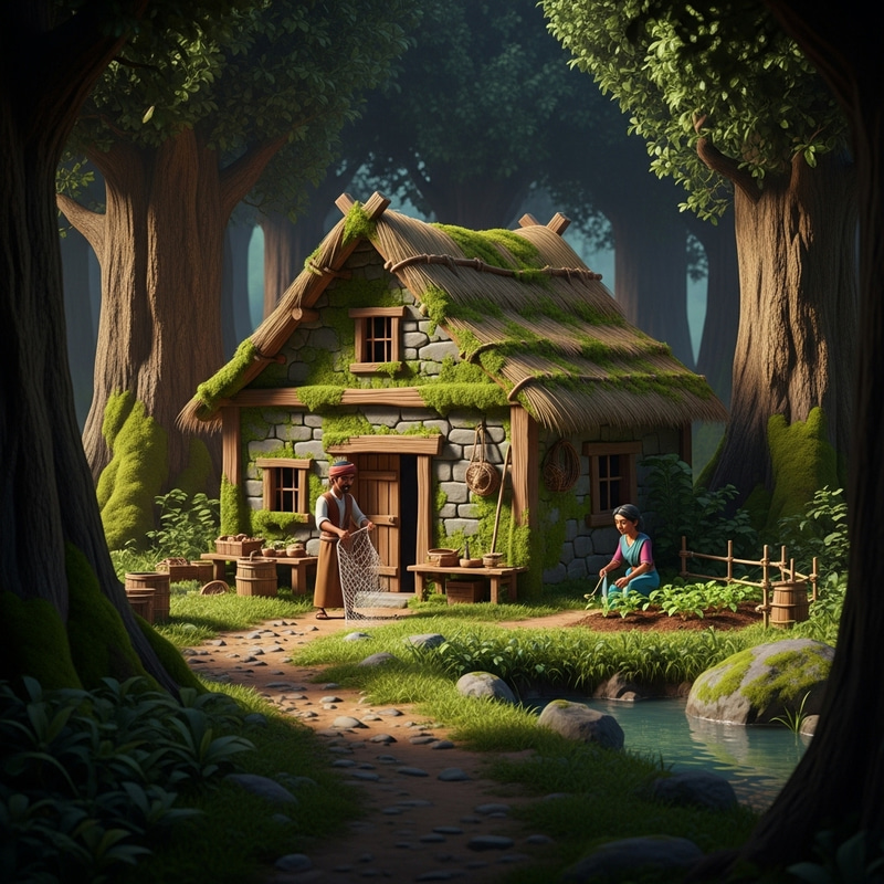 3D Animation of a Fisherman and Her Wife in a Forest