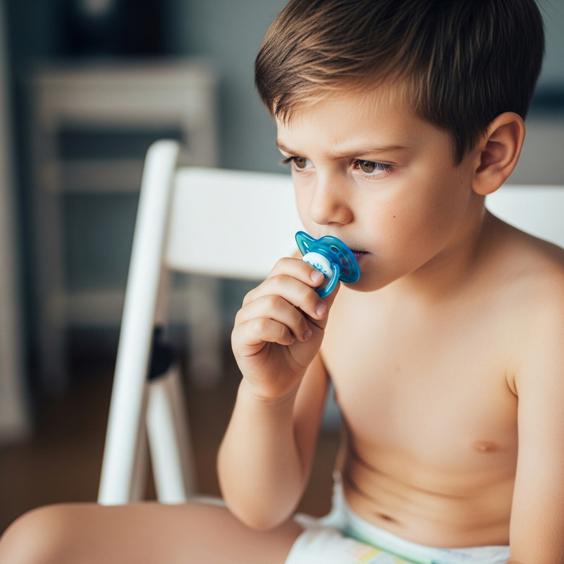Caucasian Boy with Blue Pacifier Sitting Attentively