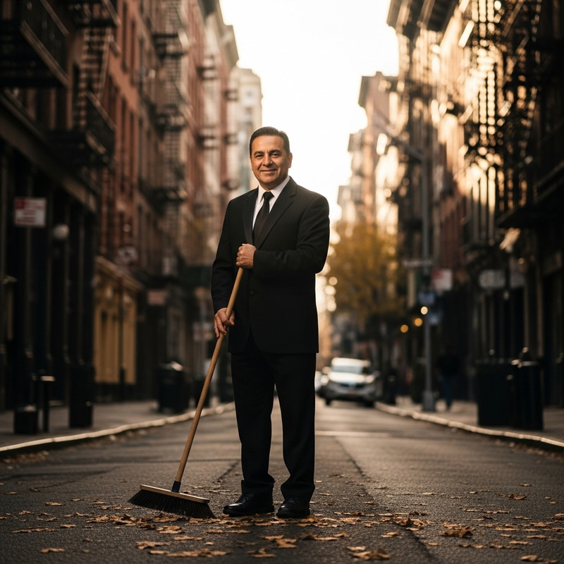 Hispanic Janitor in Tuxedo with Broom on Urban Street Hispanic Janitor in Tuxedo with Broom on Urban Street