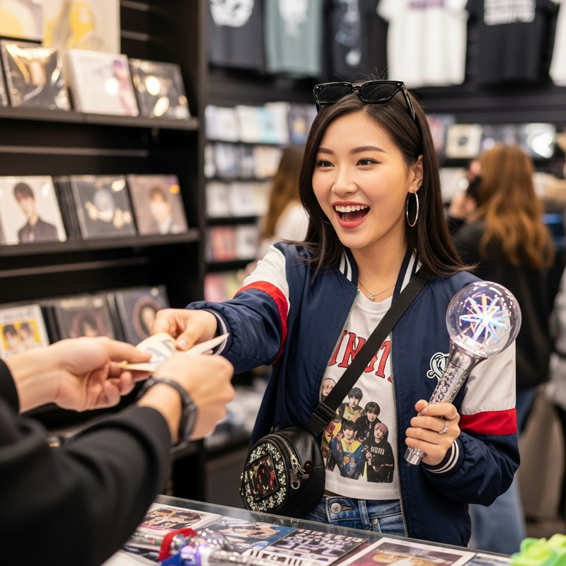 Happy Korean College Student Shopping for Kpop Lightstick