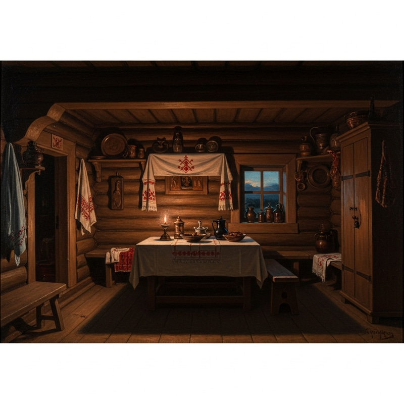 Russian Old Woman in Izba Cottage Evening Lamp Russian Old Woman in Izba Cottage Evening Lamp