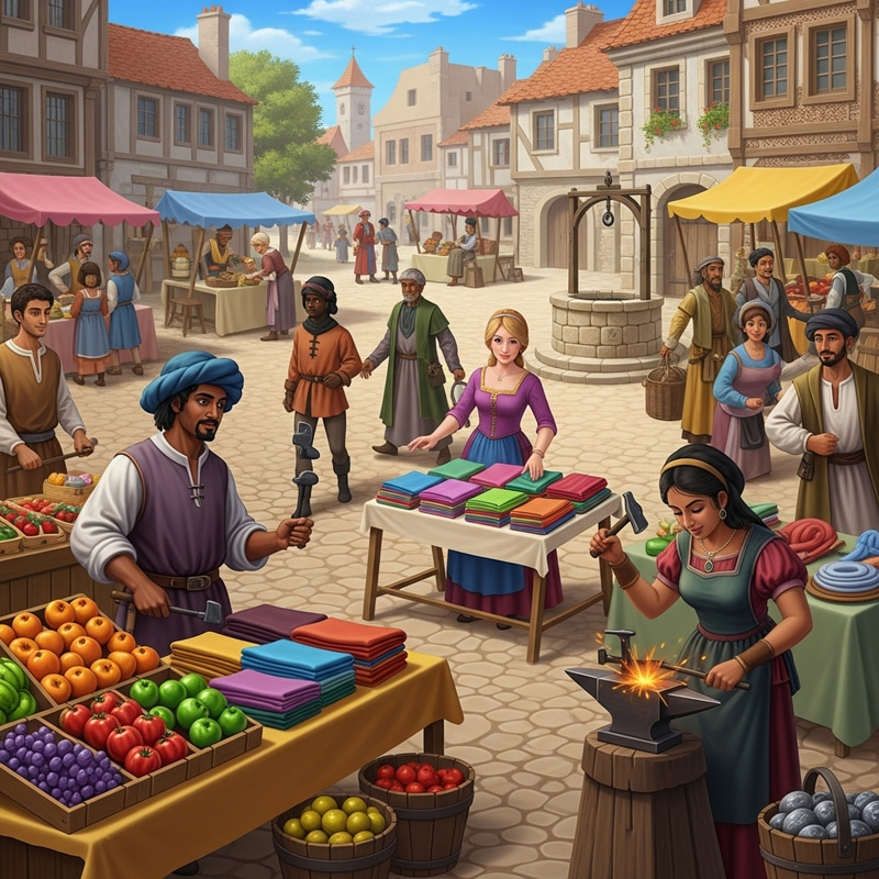 Medieval Town Square Scene with Diverse Characters Medieval Town Square Scene with Diverse Characters